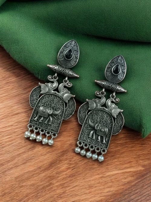 Traditional oxidized elephant earrings with silver finish, stone and pearl work