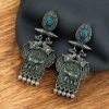 Traditional oxidized elephant earrings with silver finish, stone and pearl work