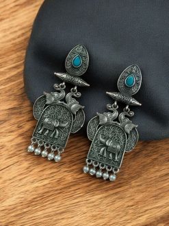 Traditional oxidized elephant earrings with silver finish, stone and pearl work