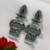 Traditional oxidized elephant earrings with silver finish, stone and pearl work