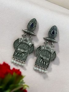 Traditional Oxidized Elephant Earrings | Best Silver Finish Dangler with Stone & Pearl Work - color: "Blue"