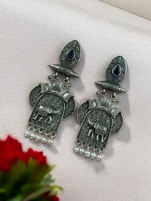 Traditional oxidized elephant earrings with silver finish, stone and pearl work