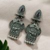 Traditional oxidized elephant earrings with silver finish, stone and pearl work