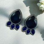 Ethnic Silver Plated Stud Earrings | Monalisa Stone Unique Design Oxidized Jewelry - "Blue"