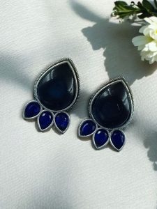 Ethnic Silver Plated Stud Earrings | Monalisa Stone Unique Design Oxidized Jewelry - color: "Blue"