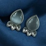 Ethnic Silver Plated Stud Earrings | Monalisa Stone Unique Design Oxidized Jewelry - "Grey"