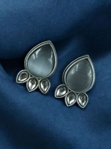 Ethnic Silver Plated Stud Earrings | Monalisa Stone Unique Design Oxidized Jewelry - color: "Grey"