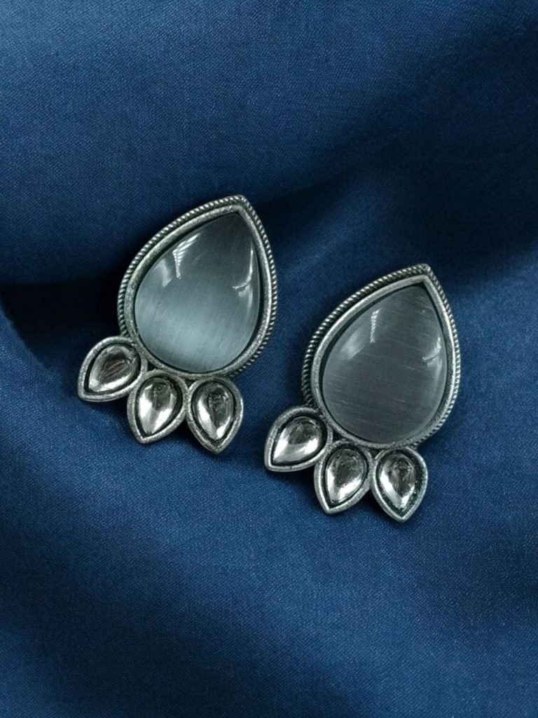 Bulk 596 Ethnic Silver Plated Stud Earrings | Monalisa Stone Unique Design Oxidized Jewelry - "Grey"