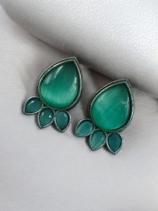Ethnic Silver Plated Stud Earrings | Monalisa Stone Unique Design Oxidized Jewelry - color: "Mint"
