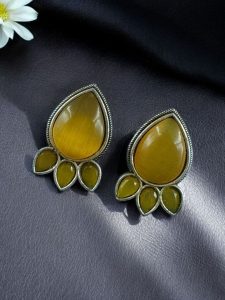 Ethnic Silver Plated Stud Earrings | Monalisa Stone Unique Design Oxidized Jewelry - color: "Yellow"