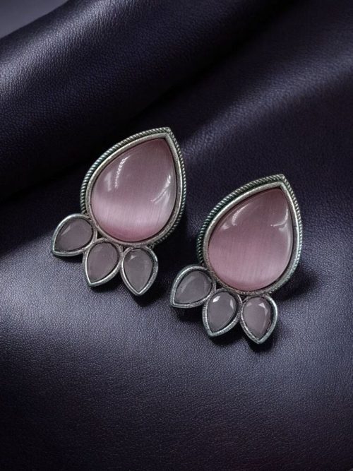 Ethnic silver plated stud earrings with Monalisa stone