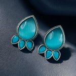 Ethnic Silver Plated Stud Earrings | Monalisa Stone Unique Design Oxidized Jewelry - "Aqua"