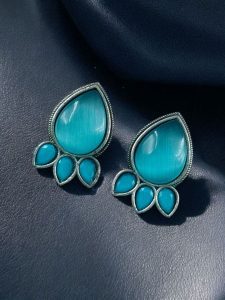 Ethnic Silver Plated Stud Earrings | Monalisa Stone Unique Design Oxidized Jewelry - color: "Aqua"