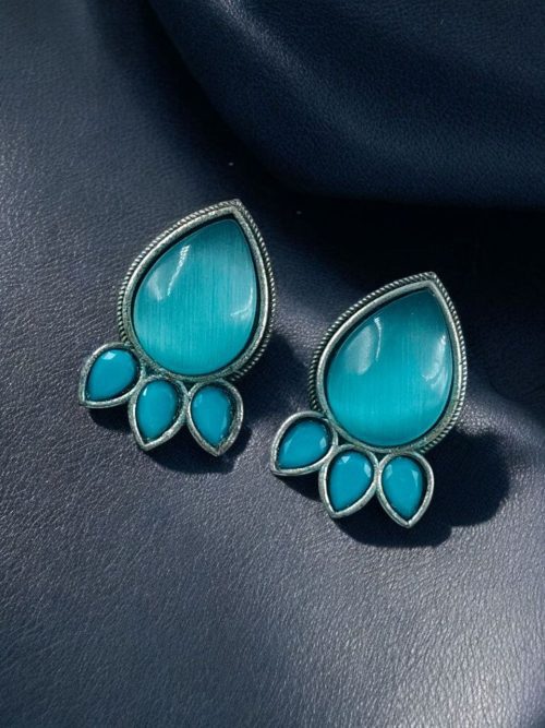 Ethnic silver plated stud earrings with Monalisa stone