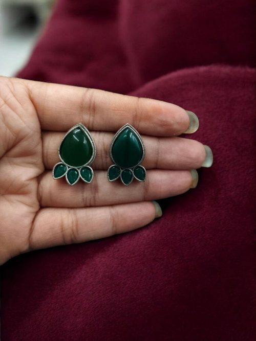 Ethnic silver plated stud earrings with Monalisa stone