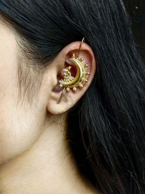 Ethnic gold plated peacock earcuff with half moon design for girls