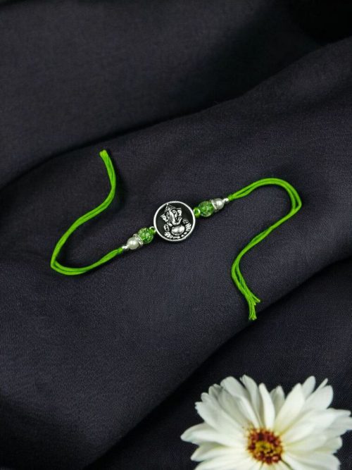 Silver plated Ganesha Rakhi with stones for brother – Raksha Bandhan 2025 gift