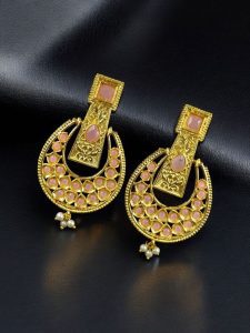 Gold Plated Western Look Earrings | Pearl & Stone Work Unique & Ethnic Jewelry For Women - color: "Baby Pink"