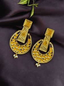 Gold Plated Western Look Earrings | Pearl & Stone Work Unique & Ethnic Jewelry For Women - color: "Yellow"