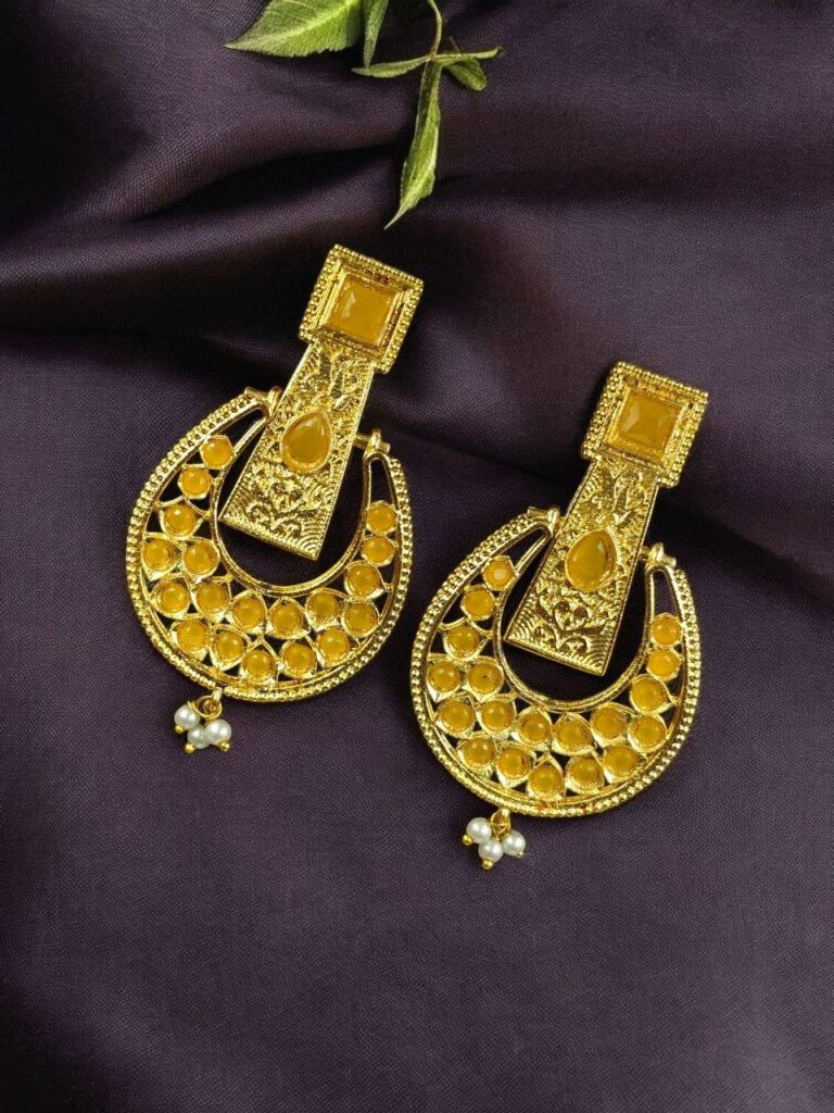 Bulk 626 Gold Plated Western Look Earrings | Pearl & Stone Work Unique & Ethnic Jewelry For Women - "Yellow"