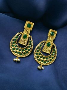 Gold Plated Western Look Earrings | Pearl & Stone Work Unique & Ethnic Jewelry For Women - color: "Green"