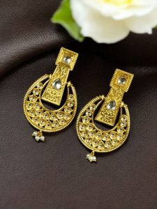 Gold Plated Western Look Earrings | Pearl & Stone Work Unique & Ethnic Jewelry For Women - color: "White"