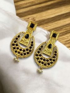 Gold Plated Western Look Earrings | Pearl & Stone Work Unique & Ethnic Jewelry For Women - color: "Black"