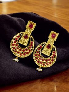 Gold Plated Western Look Earrings | Pearl & Stone Work Unique & Ethnic Jewelry For Women - color: "Red"