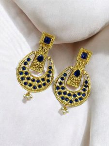 Gold Plated Western Look Earrings | Pearl & Stone Work Unique & Ethnic Jewelry For Women - color: "Blue"