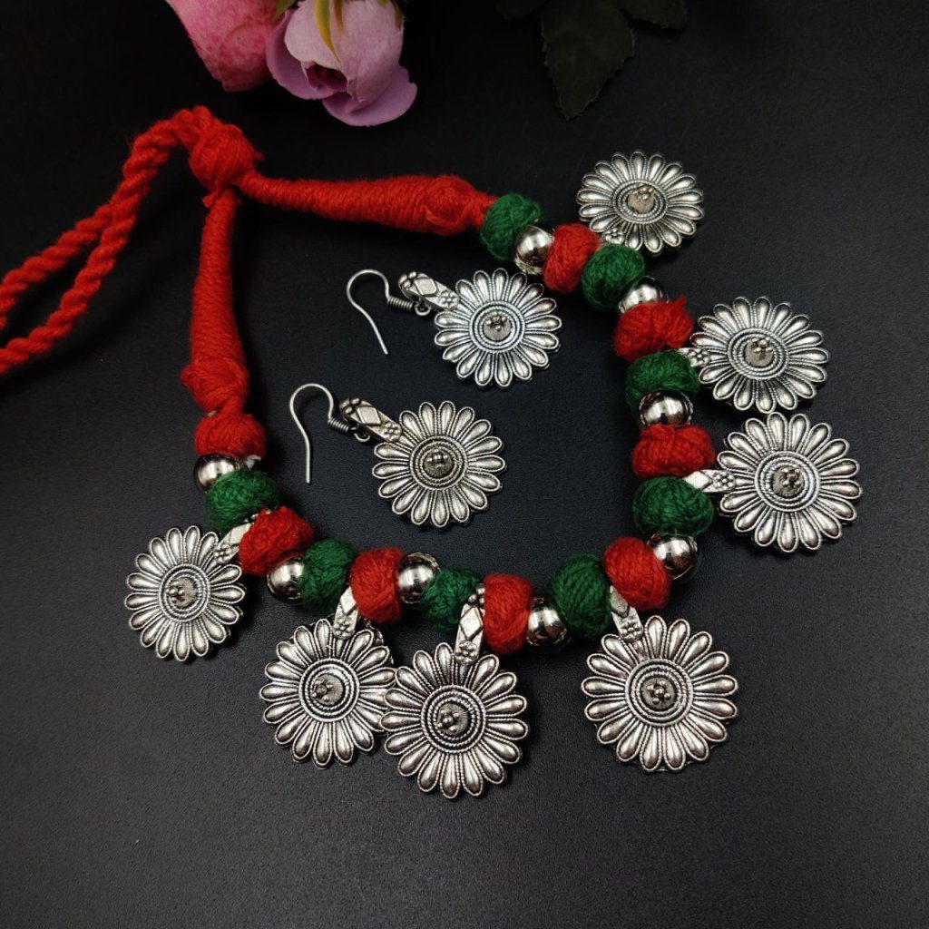 Bulk 594 Oxidised Flower Charms Necklace With Adjustable thread - Navratri Jewellery