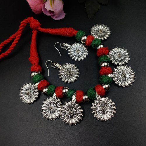 Oxidised Flower Charms Necklace With Adjustable thread - Navratri Jewellery