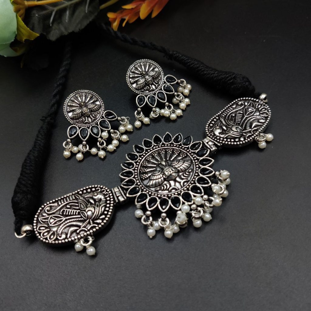 Bulk 588 Oxidised Peacock Choker Necklace Set For Girls | Adjustable Thread Silver Plated Jewelry - "Black"