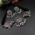 Oxidised Peacock Choker Necklace Set For Girls | Adjustable Thread Silver Plated Jewelry - "Black"