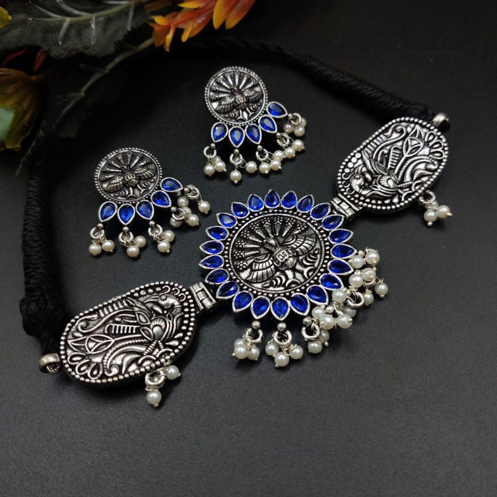 Bulk 590 Oxidised Peacock Choker Necklace Set For Girls | Adjustable Thread Silver Plated Jewelry - "Blue"
