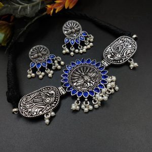 Oxidised Peacock Choker Necklace Set For Girls | Adjustable Thread Silver Plated Jewelry - Color: "Blue"