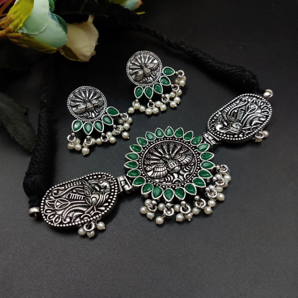 Bulk 592 Oxidised Peacock Choker Necklace Set For Girls | Adjustable Thread Silver Plated Jewelry - "Green"