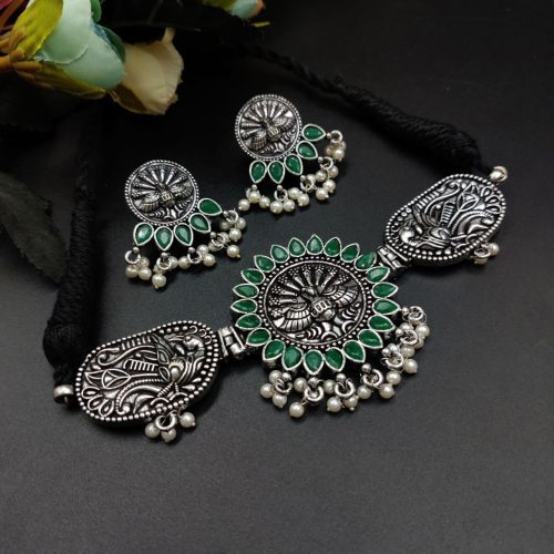 Oxidised Peacock Choker Necklace Set For Girls | Adjustable Thread Silver Plated Jewelry - Image 3
