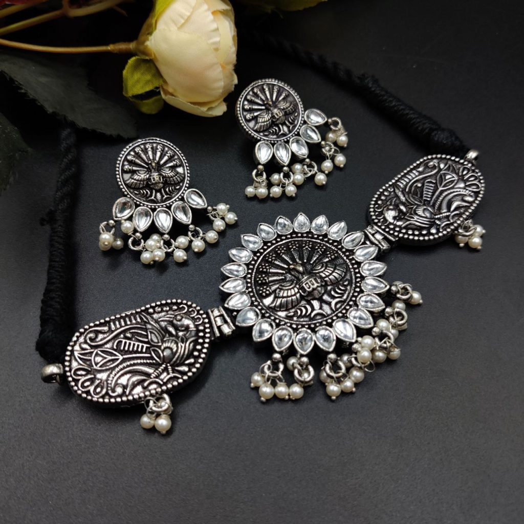 Oxidised Peacock Choker Necklace Set For Girls | Adjustable Thread Silver Plated Jewelry
