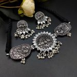 Oxidised Peacock Choker Necklace Set For Girls | Adjustable Thread Silver Plated Jewelry