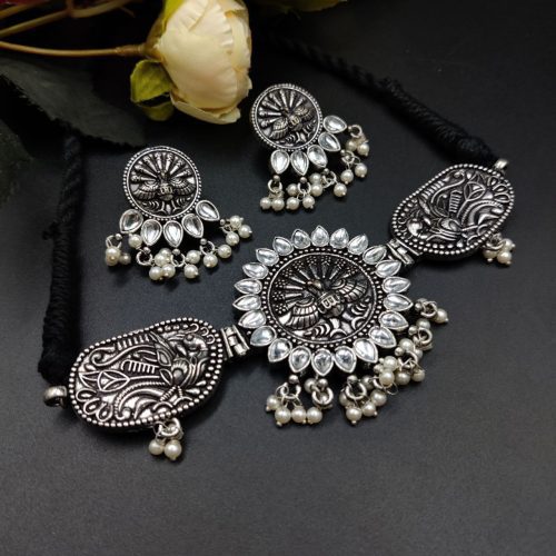 Oxidised Peacock Choker Necklace Set For Girls | Adjustable Thread Silver Plated Jewelry