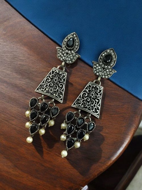 Traditional Oxidized Floral Art Pearl & Stone Dangler Earrings for Women