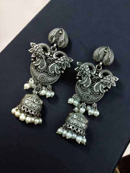 Jhmuka Silver Plated Pearl Dangler Earrings with Peacock & Floral Design