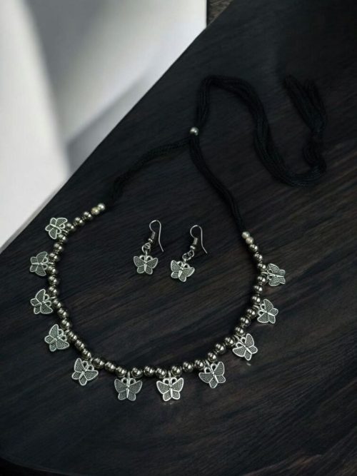 Elegant Silver Butterfly Necklace Set for Women – Adjustable Thread Jewelry