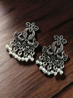 German silver peacock stud earrings with pearl for daily wear.