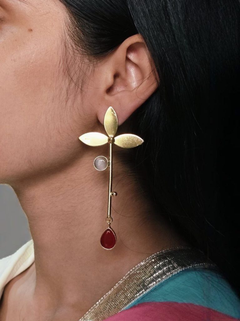 Premium Gold-Plated Brass Earrings: Perfect Contemporary Long Studs with Monalisa Stone