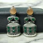 Premium Jhumka Earring | Best Silver Replica Monalisa Stone Dangler Earrings - "Yellow-Green"