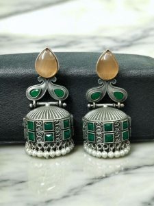Premium Jhumka Earring | Best Silver Replica Monalisa Stone Dangler Earrings - Color: "Yellow-Green"