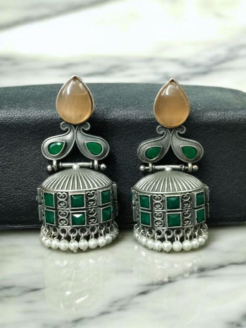 Premium Jhumka Earring | Best Silver Replica Monalisa Stone Dangler Earrings - Image 14