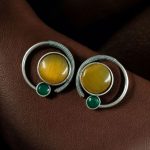Oxidized Round Shape Earrings | Silver Plated Monalisa Stone Jewelry Best Gift for Her - "Yellow-Green"