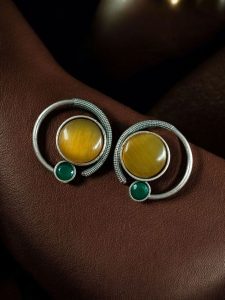 Oxidized Round Shape Earrings | Silver Plated Monalisa Stone Jewelry Best Gift for Her - color: "Yellow-Green"